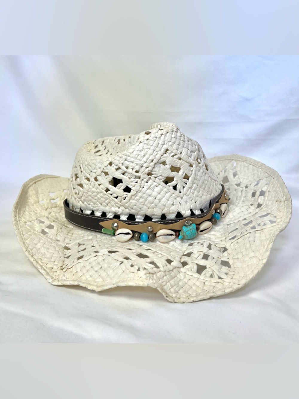 White Straw Cowboy Beach Hat with Turquoise Puka Shell Band